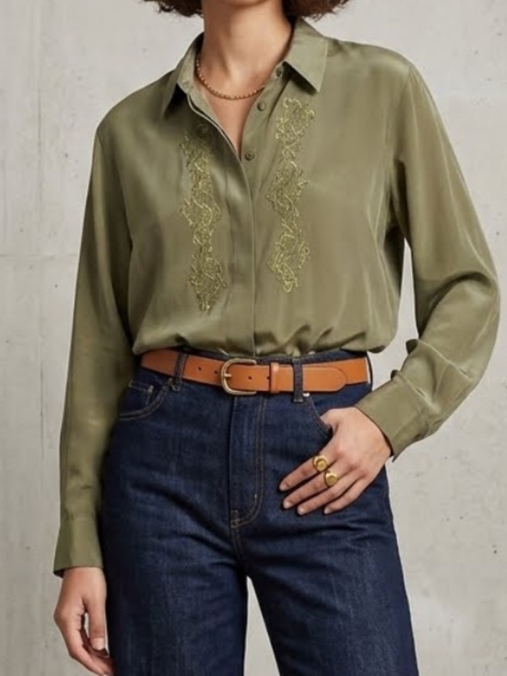 VINTAGE 70’s Top Olive Green Embroidered Button Down Silky Blouse Large